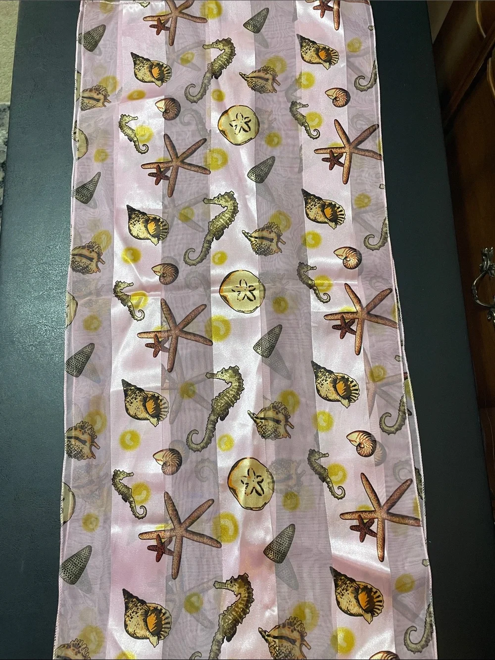 Seashell Pattern Pink Silky Table Runner or scarf approx 58x13 NWOT very pretty